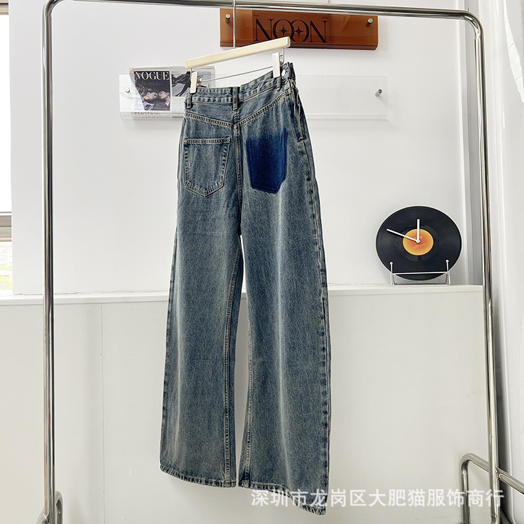 25秋冬新款水洗做旧复古设计错位侧拉链宽松直筒牛仔裤|undefined
