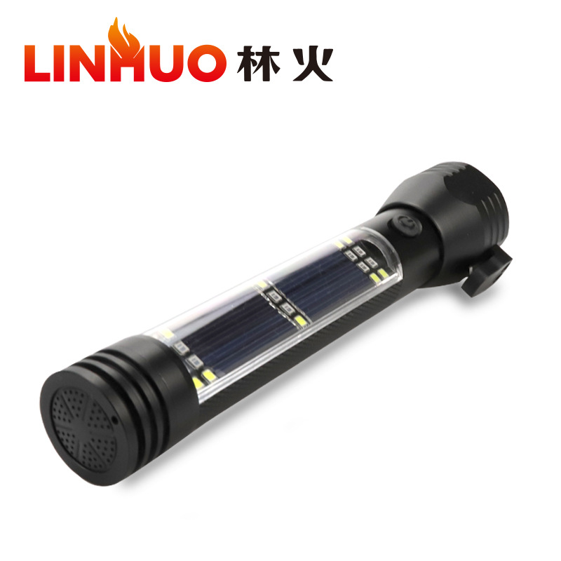 Tiktok Taobao transfronteriza LED solar USB fuerte luz de carga de seguridad martillo de alarma brújula linterna magnética fuerte
