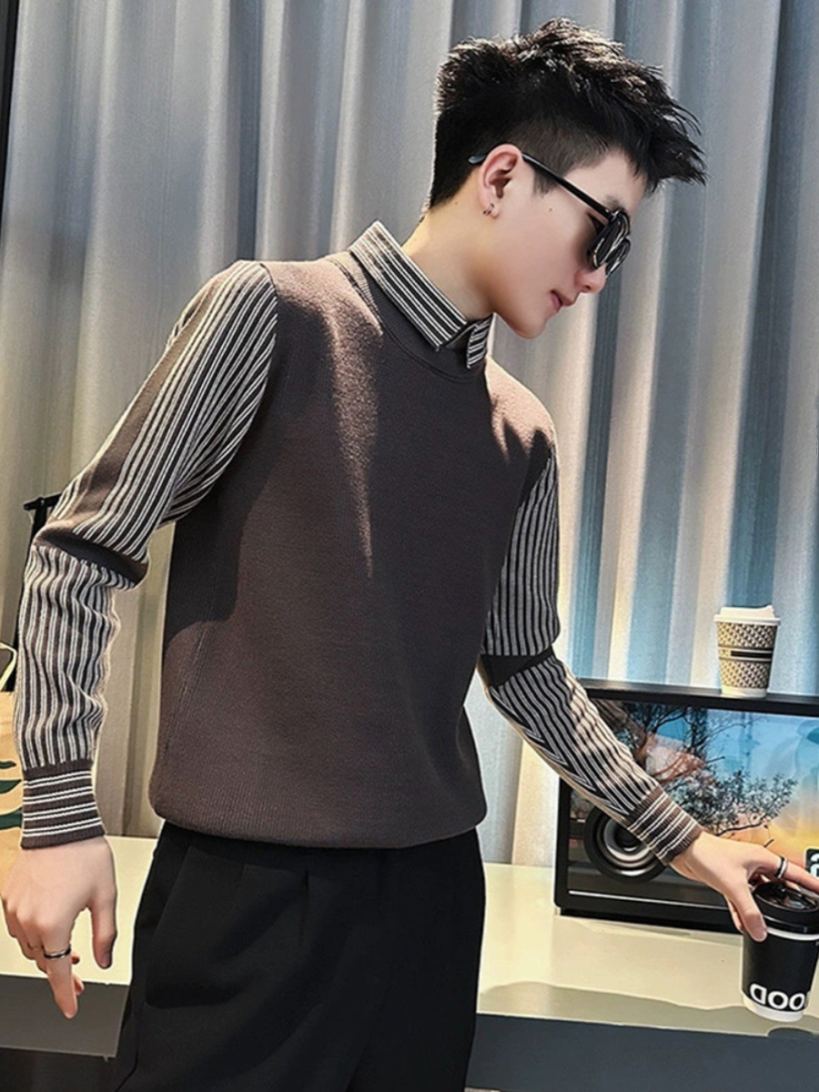 Fake Two-Piece Knitwear Men's Autumn and Winter Knitwear Shirt Two-Piece Set Fleece-Lined and Thickeneded Handsome Casual Bottoming Shirt Inner Wear