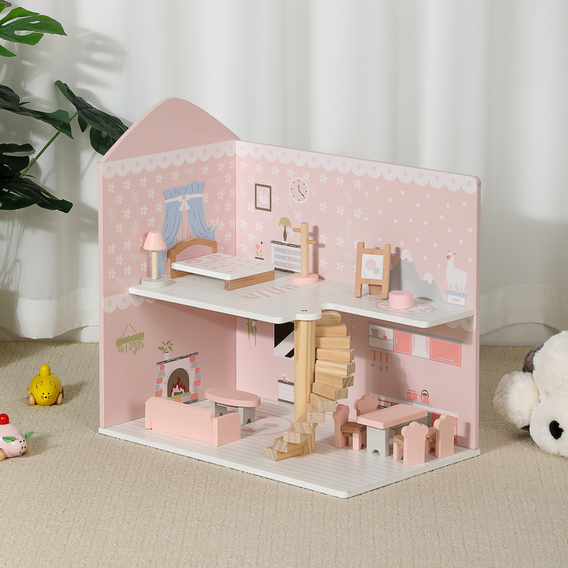 Children's Play House Furniture Toys Role Play Wooden Kindergarten Game Pink Princess House Villa Doll House
