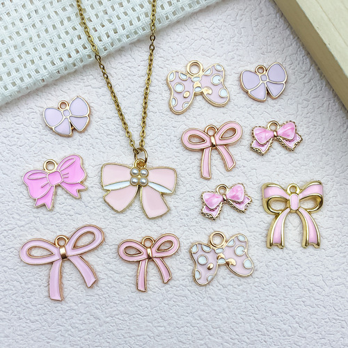 Pink Oil Alloy Butterfly Bow Tie Necklace DIY Accessories Pendant Earrings Keychain Hook Charm Sweet Necklace