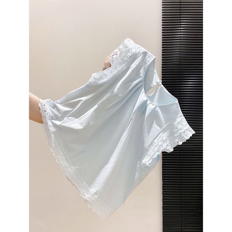 2026浅蓝色花边小飞袖衬衫女夏季新款宽松显瘦减龄气质娃娃衫上衣