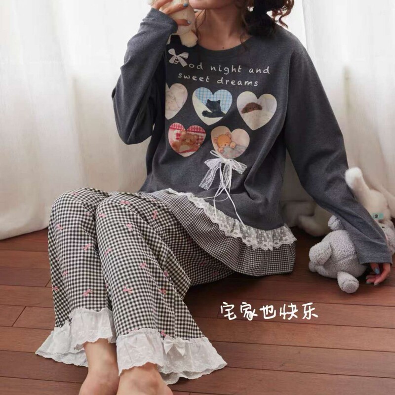 2025 Cute Plaid Pajamas Women's Spring and Autumn New Loose Lace Home Clothes Long Sleeve Trousers Suit Can Be Weared Outside