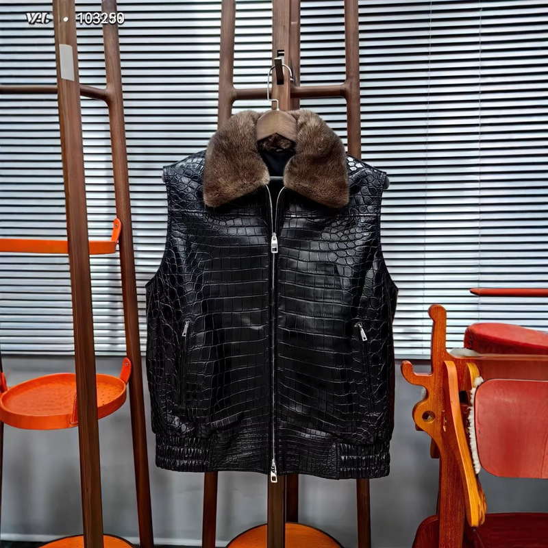 Genuine Leather Vest for Men, Made of Nile Crocodile Skin and Mink Fur, Winter Warm Vest for Middle-Aged and Elderly Men