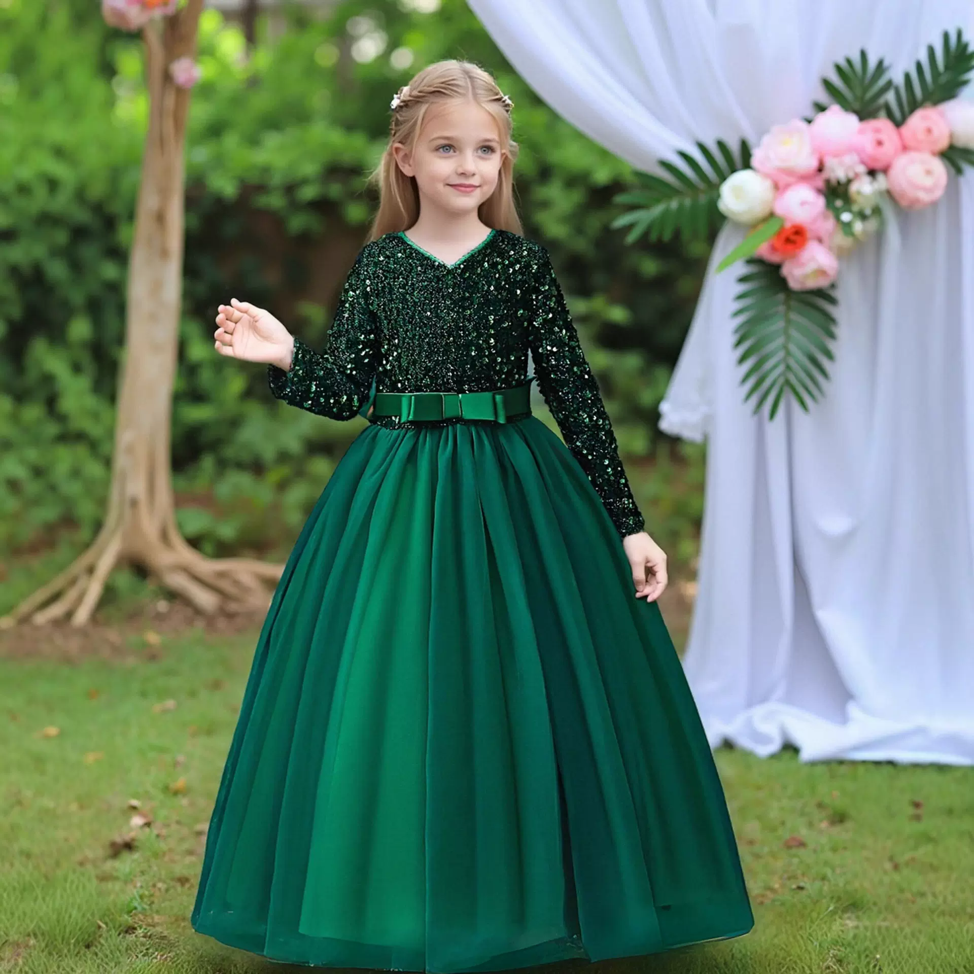 亚马逊新款儿童礼服 公主裙ins女孩长款亮片连衣裙童装批发