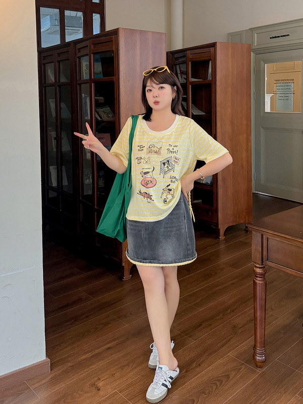 ダブルデイ 2025 新しいファットガール婦人服大きいサイズ夏プラス脂肪 100kg 漫画ストライプラウンドネック Tシャツ 9011|undefined
