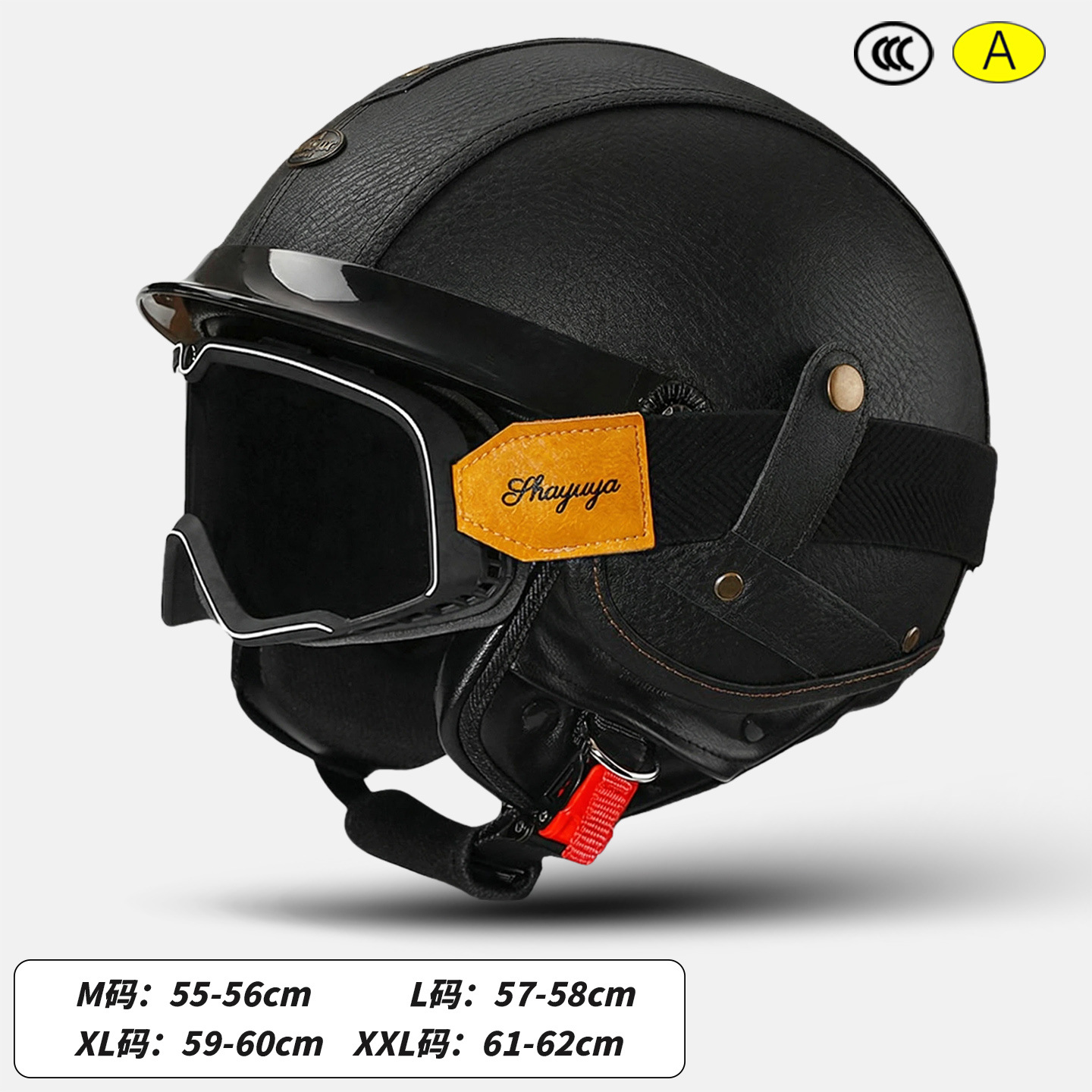 Motosiklet kaskı (dəbilqə) – Motuoche Motorcycle Half Helmet - leather-surface-black-goggles-size-m-55-56cm