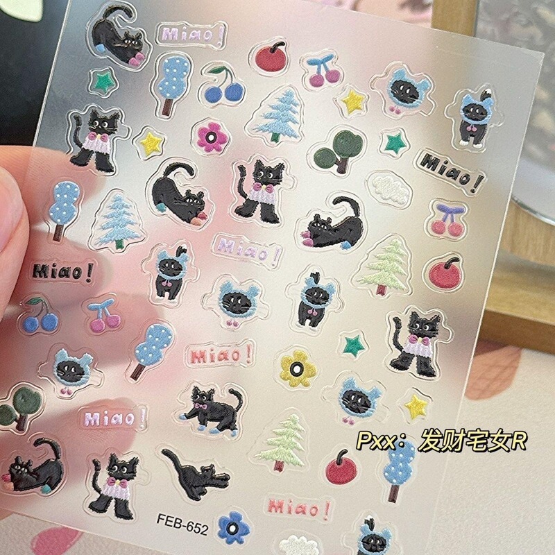 Sweet and cute kitten embossed 3D CCD stickers, Japanese-style adorable nail stickers, high-appearance cartoon waterproof design
