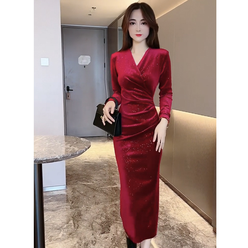 Light Luxury Hepburn Style Sequined Velvet Black Dress Autum New V Neck Long-Sleeved Slim Slim Mid-Length Skirt for Women