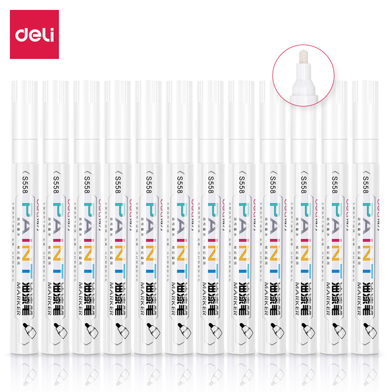 Deli Deli S558 Paint Pen White Marker Tire Touch-Up Pen Oil-Based Pen White (12 Pieces/Box)