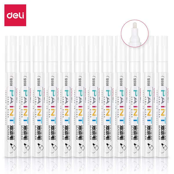Deli Deli S558 Paint Pen White Marker Tire Touch-Up Pen Oil-Based Pen White (12 Pieces/Box)