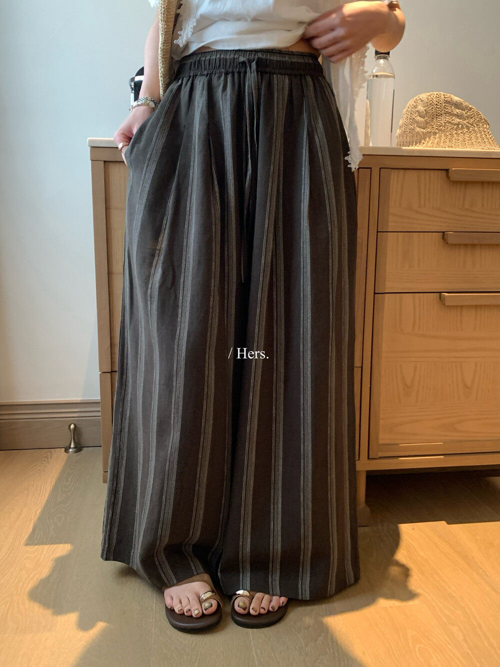 Quần culottes nữ ống rộng cạp cao chun rút dây sọc kẻ chất liệu ramie mùa hè — Màu cà phê, màu mơ chi tiết 2