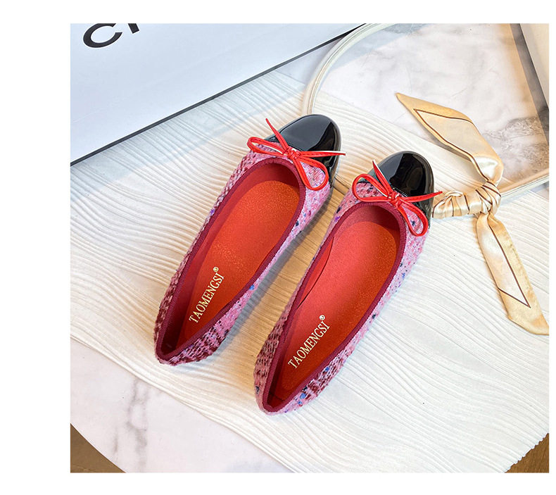 Giày cao gót đế bằng mũi tròn chất liệu tweed thắt nơ phong cách Pháp — Màu xám (đáy phẳng), Màu đen (đế bằng), Màu đỏ (đáy phẳng) chi tiết 24