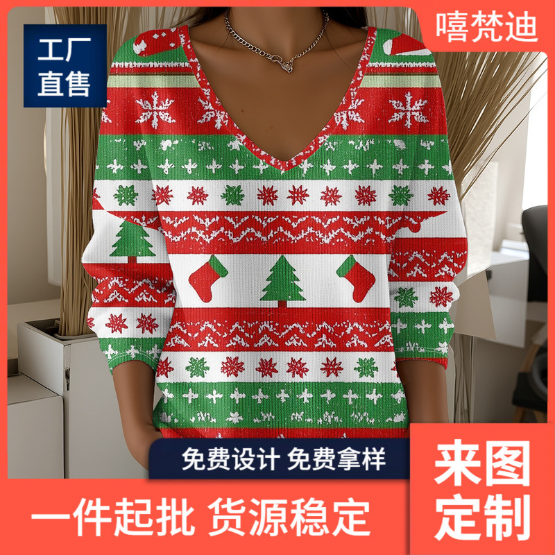New 3D Digital Printed Christmas Gift Party Girly Elegant Women's V Neck Off-Shoulder Long-Sleeved Bottoming Shirt T-Shirt New 3D Digital Printed Christmas Gift Party Girly Elegant Women's V Neck Off-Shoulder Long-Sleeved Bottoming Shirt T-Shirt