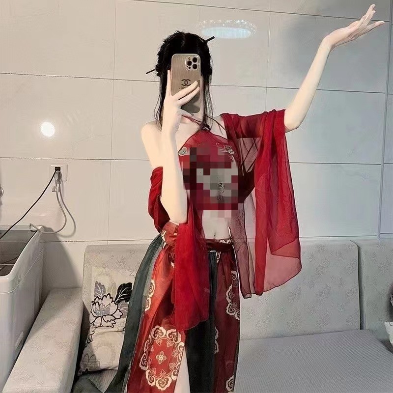 Dunhuang Phoenix Feitian Printed Belly Dance Costume Set with Shawl, Dudou, Skirt and Thong — detail image 5