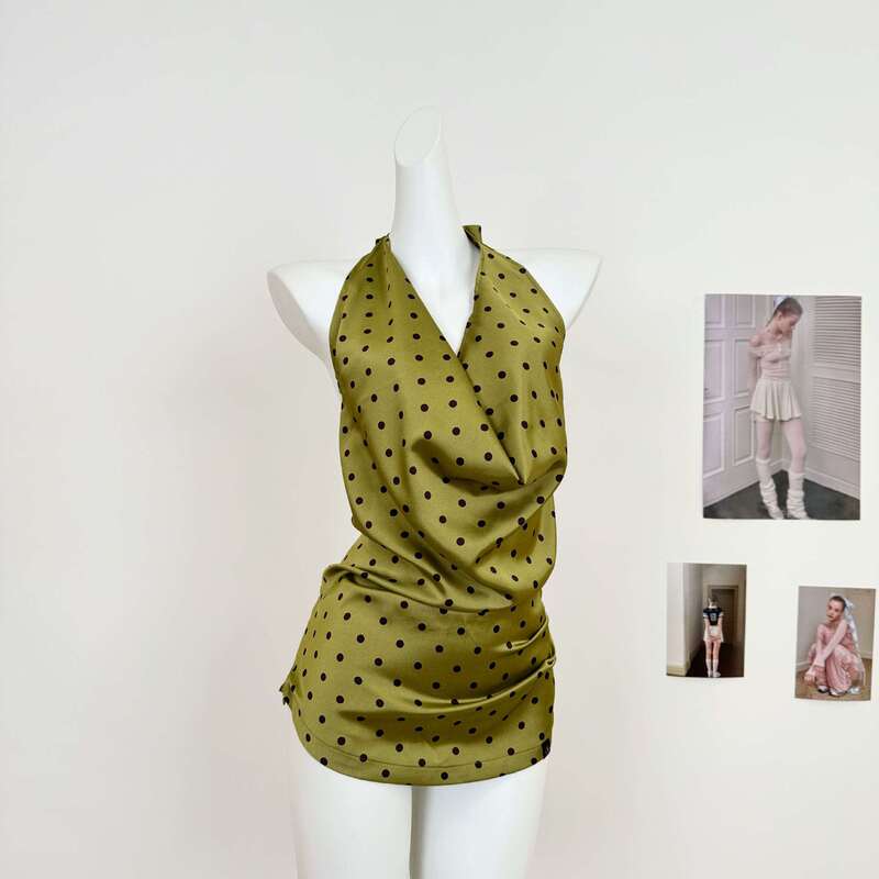 Sleeveless Halter Neck Tank Top with Tie Back, Waist-Cinching, Vintage Style, Slimming, Backless Top in Summer Tea Green Cotton Sleeveless Halter Neck Tank Top with Tie Back, Waist-Cinching, Vintage Style, Slimming, Backless Top in Summer Tea Green Cotton