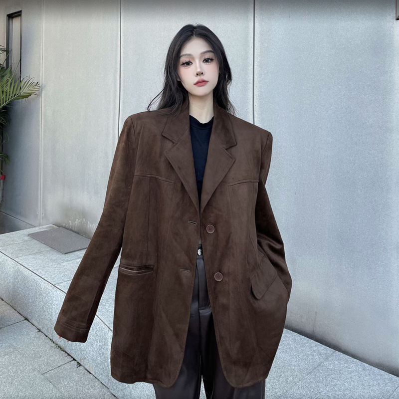 Casual Trend 2022 Spring American Retro Dark Brown Suede Suit Jacket Women's High-End Casual Suit