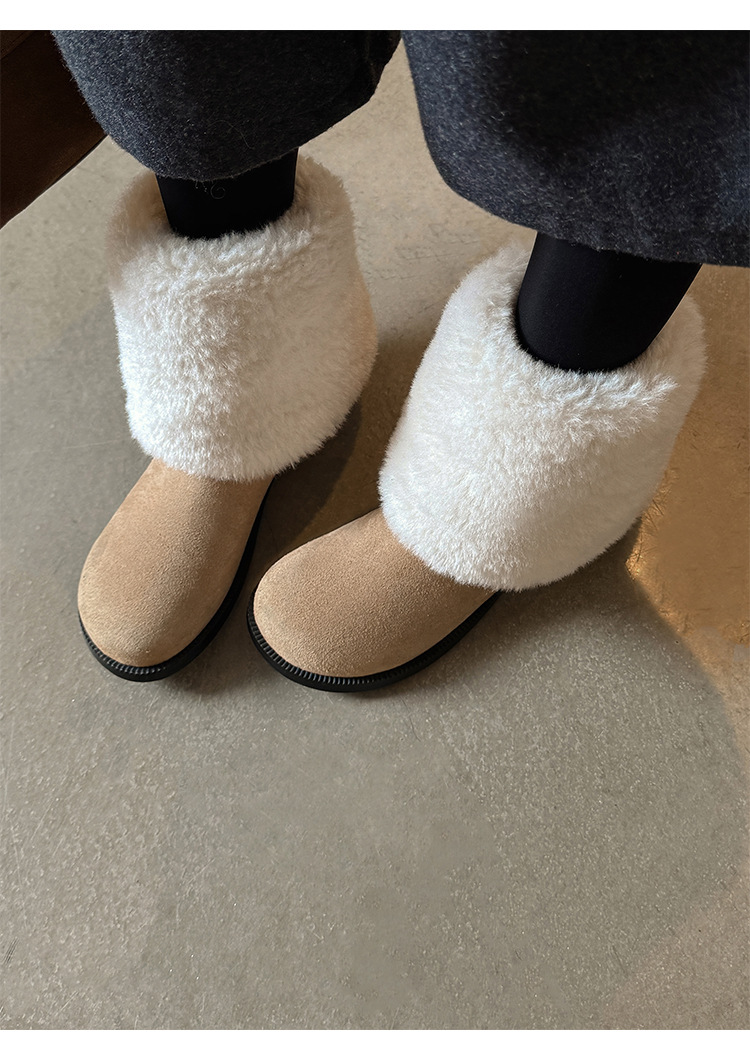 Boot nữ cổ cao lông mềm đế bằng, lót lông cừu dày dặn giữ ấm, kiểu lật cổ — màu nâu chi tiết 18