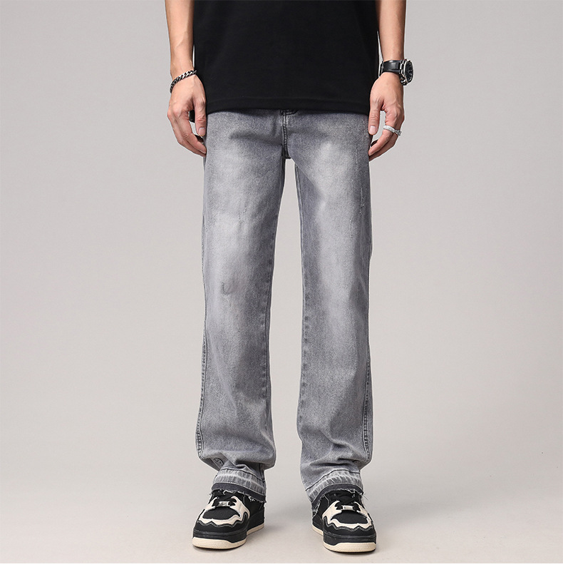 2023 Spring/Summer new solid-color jeans for men, washed light gray distressed pants with frayed edges, American straight-leg pants pic 10