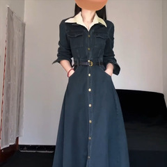 初秋フレンチレトロデニムワンピース レディース 春秋2025新作 高級感 気質 細見え 背が高め ロングワンピース