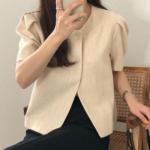 South Korean chic summer French minimalist niche minimalist puffed sleeve two-button round neck loose cardigan jacket top for women