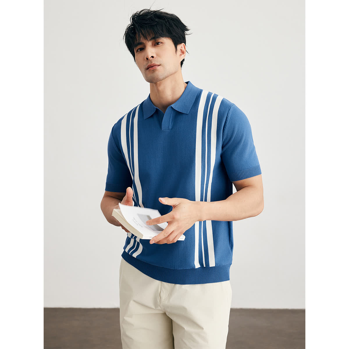 Polo camiseta de punto camiseta de manga corta hombre V-collar gaviota collar rayas verticales viejas camisetas de hielo de viento de verano fábrica transfronteriza al por mayor