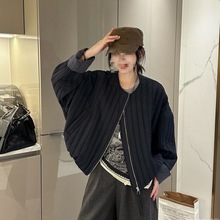 宽松显新款外套女短潮棉服上衣款压棉拼接秋冬格子薄竖条纹