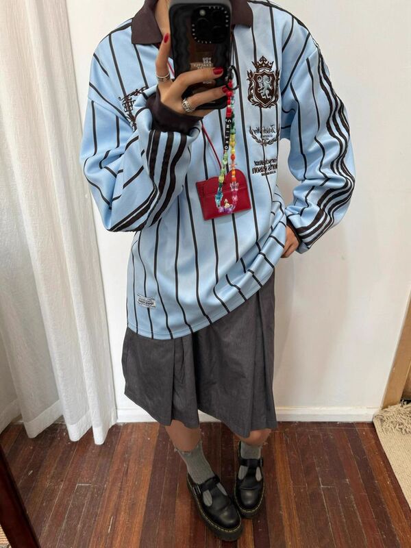 [300g Thin Style] Polo Collar Striped Contrast Printed Sweater Women's Retro Sports Style Top Blue American Style