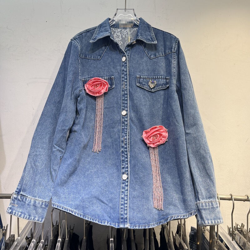 Heavy-Duty Three-Dimensional Rose Flower Tassel Denim Shirt for Women, Spring 2026, High-End New Style, Loose Fit, Slimming Top