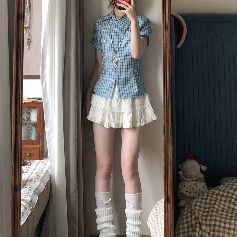 美式复古辣妹风蓝色格子短袖衬衫女夏季2025新款修身显瘦衬衣上衣|undefined