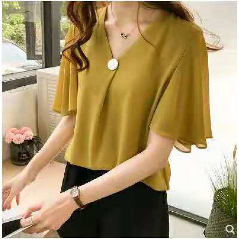 2023 Summer Large Size Half-Sleeve Base Shirt Women's Chiffon Thin Short-Sleeved Shirt Top for Chubby Girls