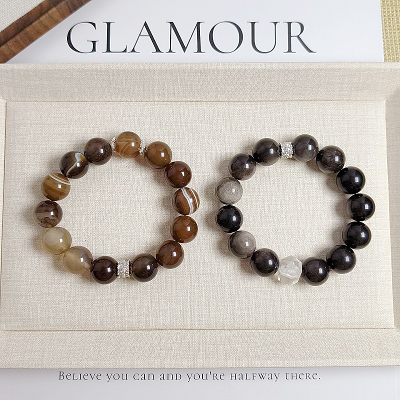 Large Particle Natural Obsidian Silver Obsidian Bead Bracelet Original Design High-End Men's and Women's Hand Jewelry