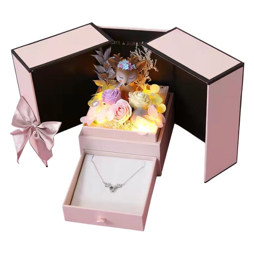 520 Regalo del Día de San Valentín caja de cajón de doble puerta caja de regalo de collar de flores de jabón rosa caja de regalo de flores eternas de ciervo