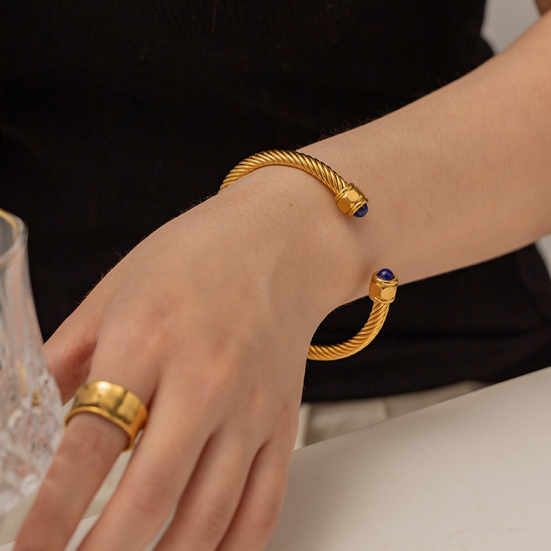 New Style European and American Internet Celebrity Style Ancient Gold-Plated Bracelet, Non-Fading, Spiral Design, Lapis Lazuli Twist Bracelet Accessory