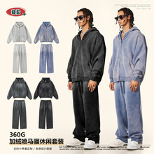 BE男装2025冬季美式潮牌加绒连帽卫衣开衫外套直筒休闲裤两件套男