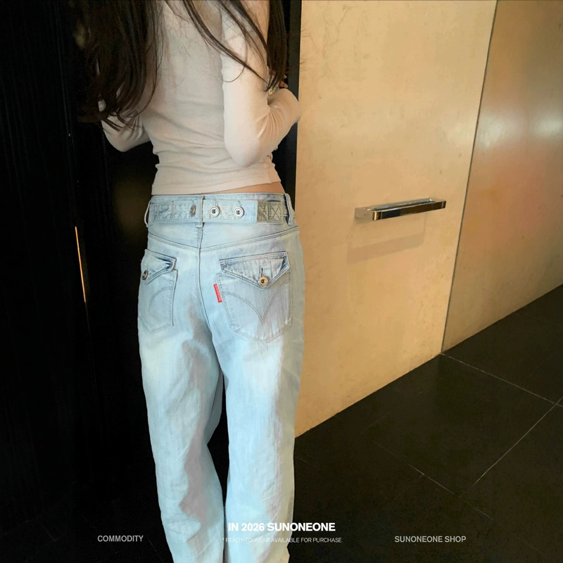 Sunoneoe Korean-Style Washed Light Blue Flip-Up Straight-Leg Jeans for Women, Summer Loose Fit for Petite Casual Pants Sunoneoe Korean-Style Washed Light Blue Flip-Up Straight-Leg Jeans for Women, Summer Loose Fit for Petite Casual Pants