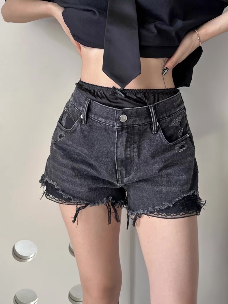 25 pantalones cortos de mezclilla rasgados irregulares retro mujeres verano estilo fino chica caliente cintura alta borde de encaje pantalones cortos de pierna ancha image 4