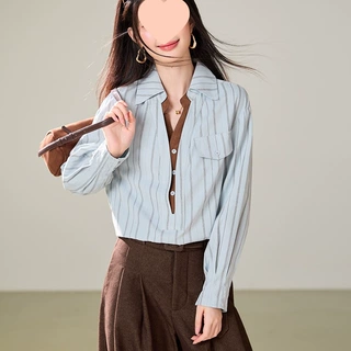实拍2026秋季新款条纹设计感拼接衬衫女假两件好看单穿长袖上衣