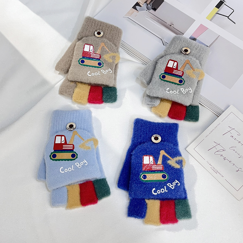 Otoño y invierno niños excavadora impresa dibujos animados adorables medio dedo flip escritura guantes de lana guantes calientes