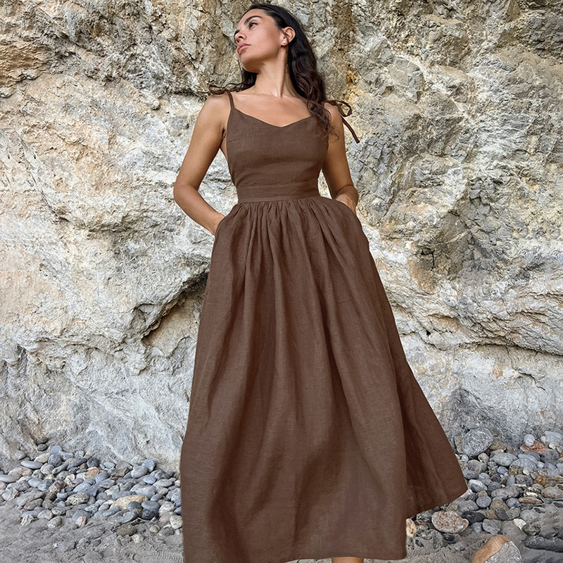 French Khaki Cotton and Linen Breathable Suspender High-Waist Dress 2026 European and American Summer New Resort Style Long Dress for Women