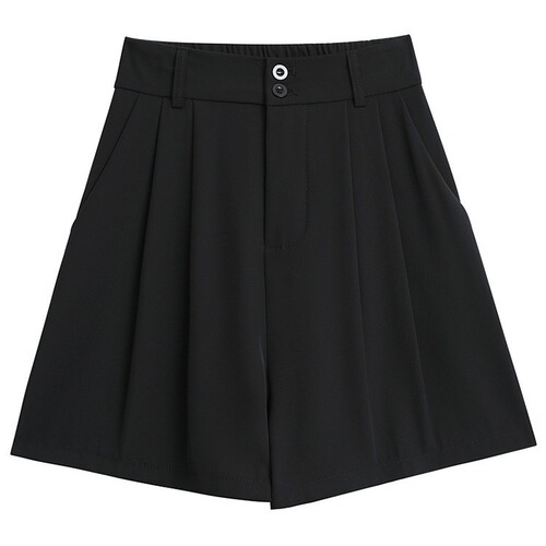 Black high-waisted suit shorts for women—autumn, thin, anti-exposure, plus-size, slimming, casual, wide-leg shorts.