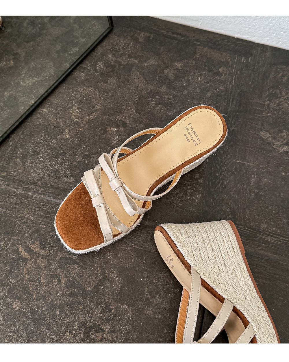 Sandal cao gót nữ quai mảnh mũi hở đế xuồng đan rơm gót 9 cm — màu đen, màu trắng ngà chi tiết 15
