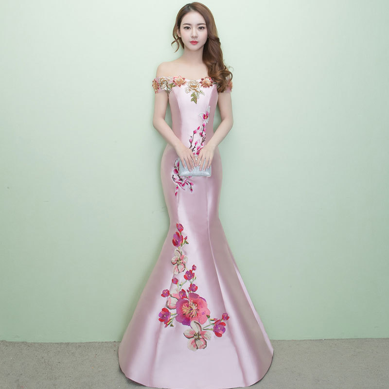 Comercio exterior europeo y americano Amazon AliExpress deseo nuevo bordado apliques off-hombro fishtail Delgado temperamento vestido de noche