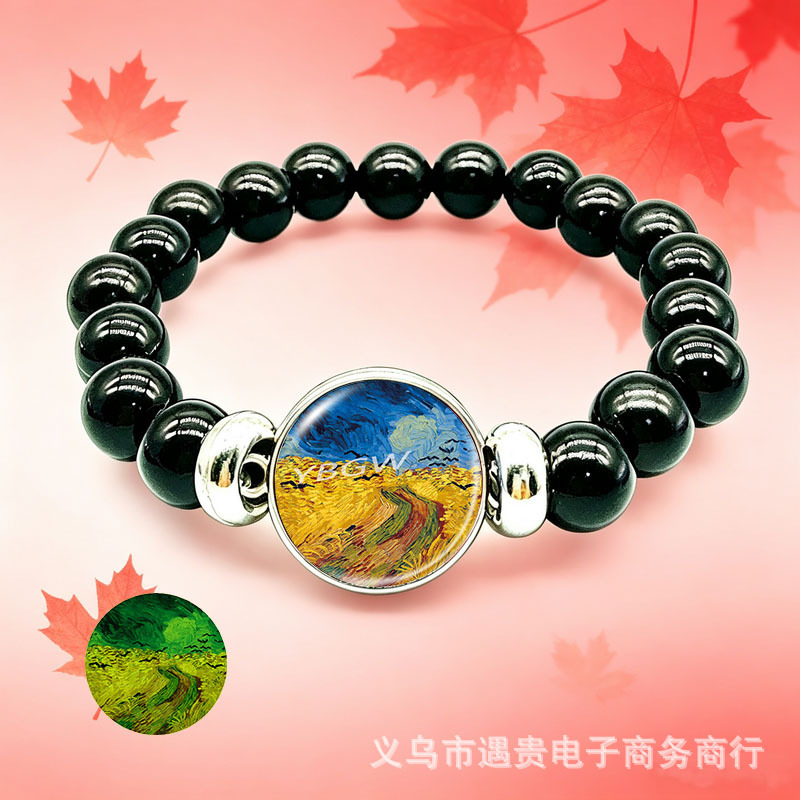 Van Gogh's Starry Night Black Handmade Beaded Stretch Bracelet Blue and White Resin Bead Jewelry Coffee Shop Sunflower Van Gogh's Starry Night Black Handmade Beaded Stretch Bracelet Blue and White Resin Bead Jewelry Coffee Shop Sunflower