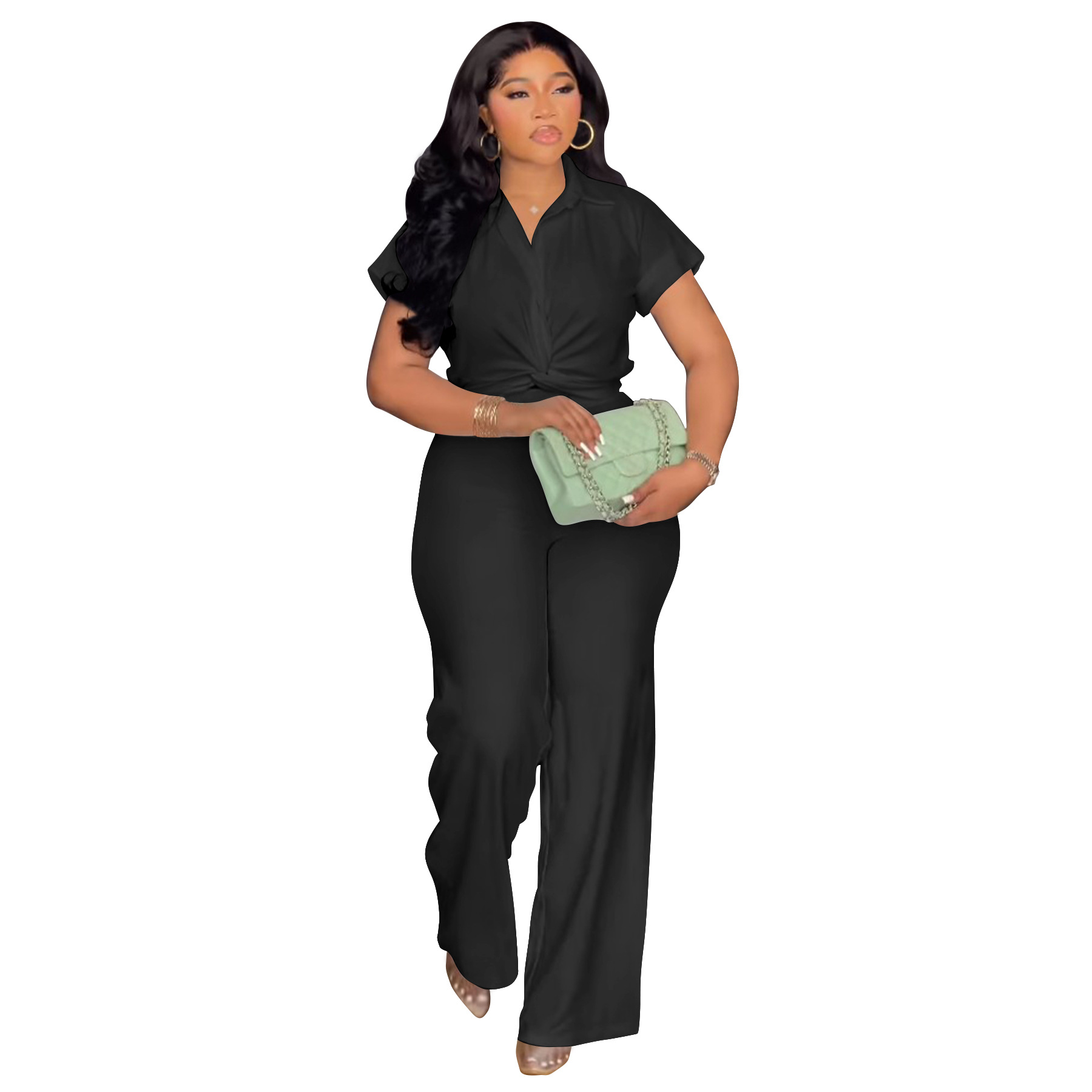 Women's Clothing Plus Size Summer Outfit High Waist Casual Pants & Solid Color Shirt Short Sleeved Two-Piece Set_ecoleips.com