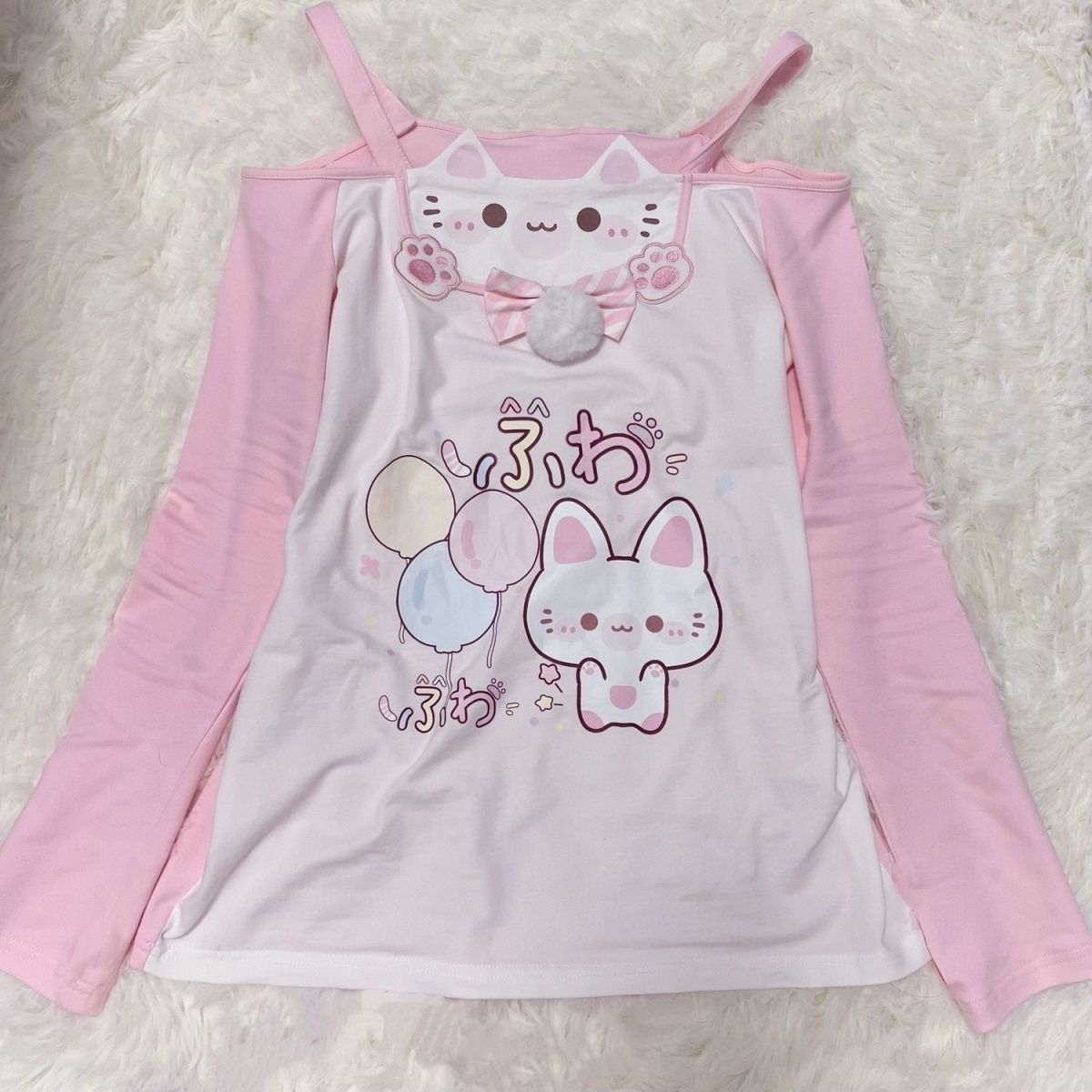 Japanese-Style Soft Girl Cute Cat Paradise Pink Slim Off-Shoulder One-Shoulder Fake Two-Piece Camisole Pure Desire T-Shirt Top