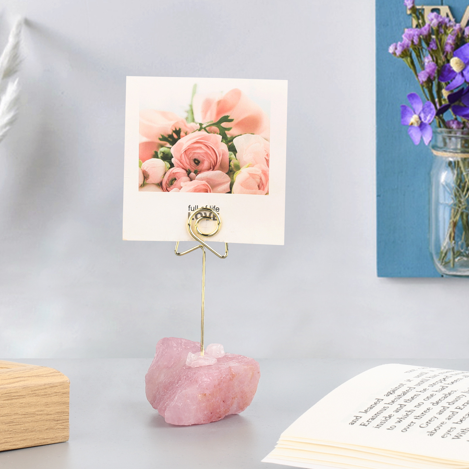天然粉晶原石底创意金属图案便签夹 立式ins风简约卡片留言照片夹 undefined