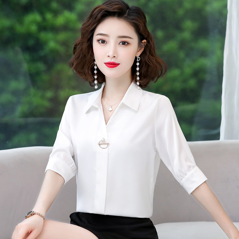 White V-Neck Short-Sleeve Chiffon Blouse for Women, Summer 2024 Versatile Casual Professional Top, Elegant and Stylish Blouse