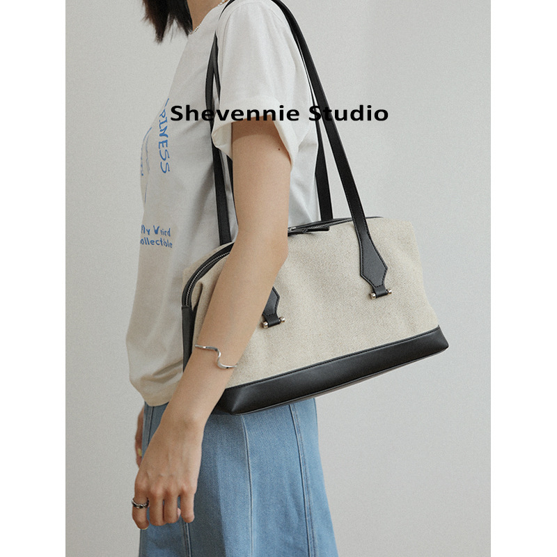 Retro Niche Design Canvas And Cowhide Pillow Bag, Large Capacity Underarm Bag, Casual Single Shoulder Tote Bag For Women - Thumbnail 3