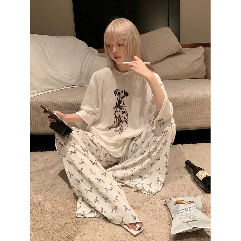 Cartoon Puppy Print Short-Sleeved Pajamas for Women, New Summer Style, Large Size Wide-Leg Walking Pants, Home Wear Set That Can Be Worn Outside